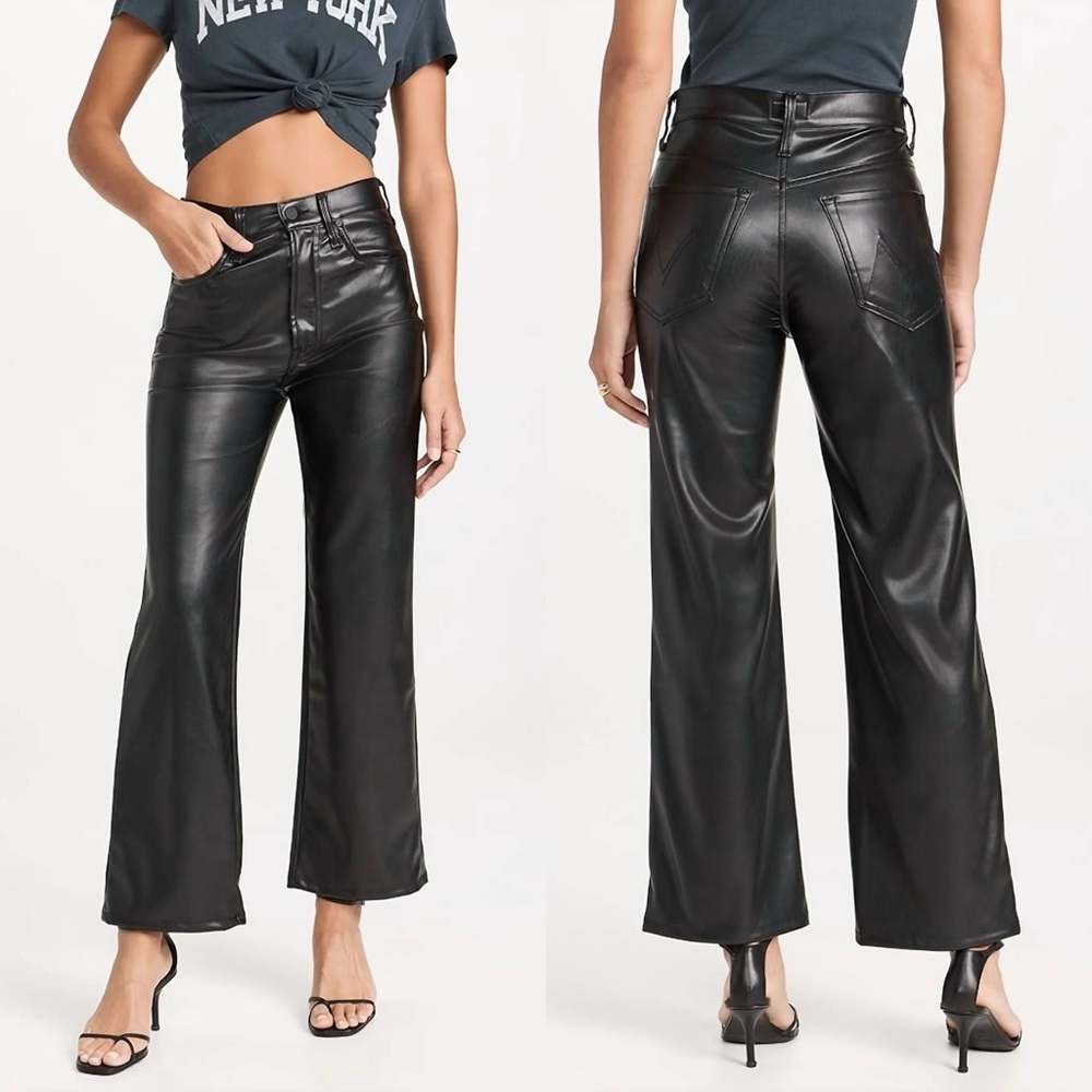 MOTHER Rambler Zip Ankle Leather Jeans Black Flare & Wide Leg Wax On Off NEW